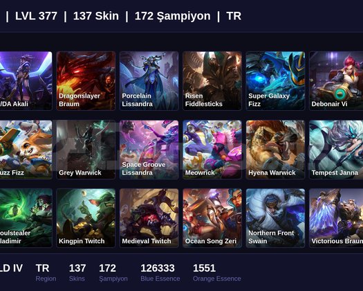 TR / 377 LVL + 137 SKİN + EMERALD IV !!