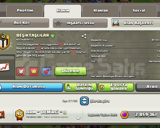 Altın lig 2 10 seviye aktif oyunculu satılık klan