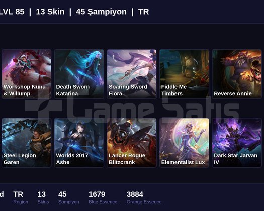 TR / 85 LVL + 13 SKİN + GOLD MMR !!