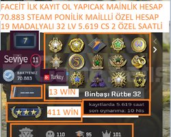 19 MADALYALI 32 LV FACEİT 5.619 CS 2 SAATLİ 70.883