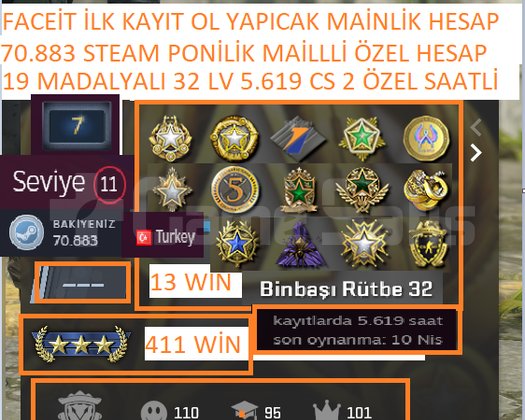 19 MADALYALI 32 LV FACEİT 5.619 CS 2 SAATLİ 70.883
