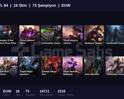 EUW / 64 LVL + 16 SKİN + GOLD II !!