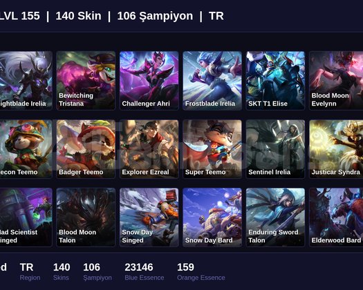 TR / 155 LVL + 140 SKİN + UNRANKED !!