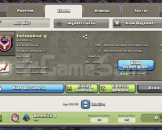 22 SEVİYE BAŞKENTİ MAKS KLAN SATILIK