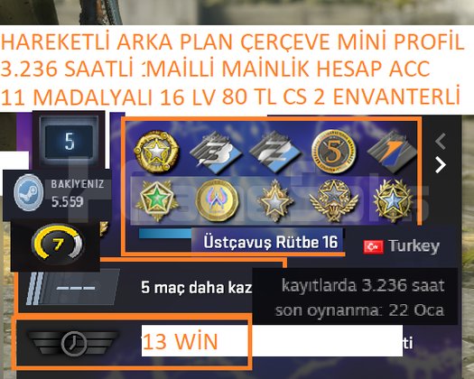 11 MADALYALI 16 LV 3.236 SAATLİ CS GO MAİLLİ MAİNL