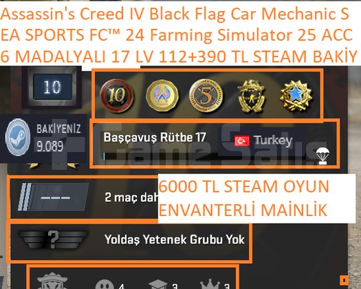 6 MADALYALI 17 LV 390+112 STEAM BAKİYE VE CS 2 ENV