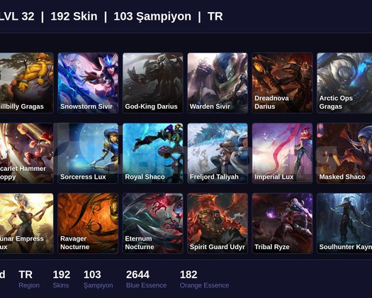 TR / 32 LVL + 192 SKİN + UNRANKED + FRESH !!