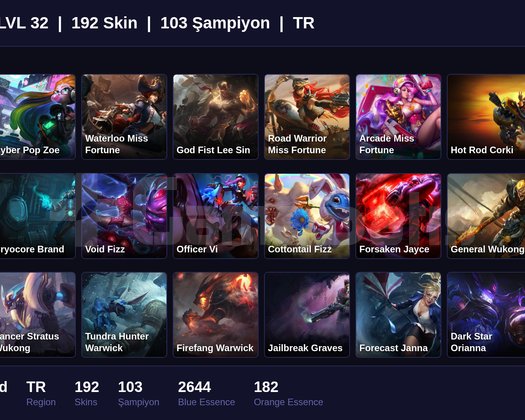 TR / 32 LVL + 192 SKİN + UNRANKED + FRESH !!