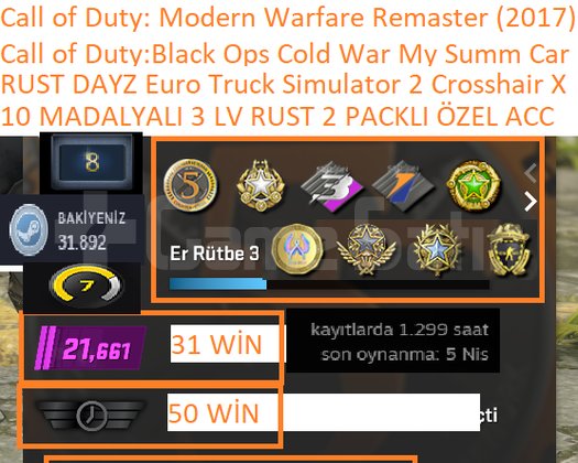 10 MADALYALI 3 LV RUST 2 PACK DAYZ ETS 2 Call of D