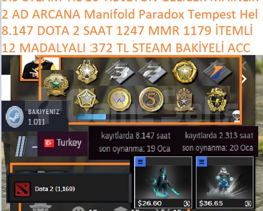 12 MADALYALI 372 TL STEAM BAKİYELİ 8.146 DOTA 2 SA