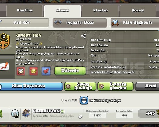 10 level 29 üyeli aktif klan Altın 1 lig