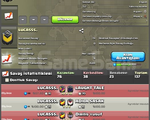 15 LVL KRİSTAL 1 LİGLİ BAŞKENT 9 KLAN