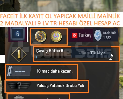 2 MADALYALI 9 LV TR HESABI FACEİT İLK KAYIT YAPICA