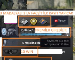 3 MADALYALI 3 LV 45 TL BAKİYELİ FACEİT İLK KAYIT Y