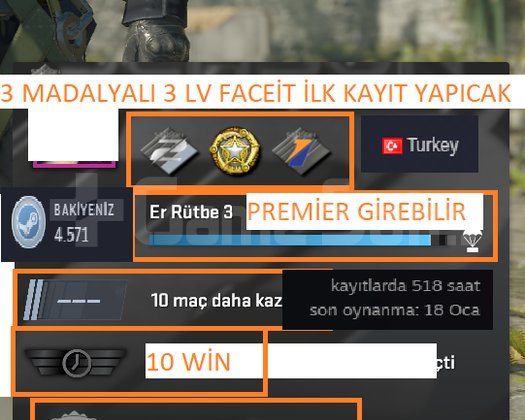 3 MADALYALI 3 LV 45 TL BAKİYELİ FACEİT İLK KAYIT Y