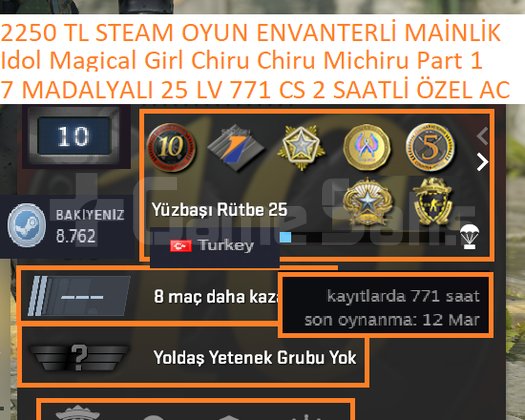 7 MADALYALI 25 LV 2250 TL STEAM OYUN ENVANTERLİ MA