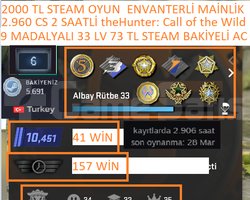 9 MADALYALI 33 LV 2.906 CS 2 SAATLİ 2000 TL STEAM