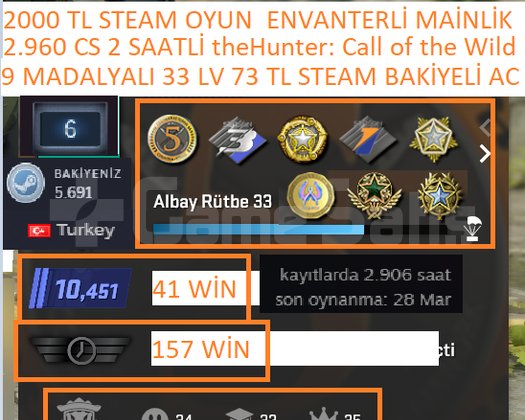 9 MADALYALI 33 LV 2.906 CS 2 SAATLİ 2000 TL STEAM
