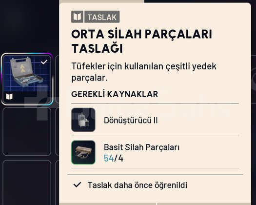 ORTA SİLAH PARÇALARI TASLAĞI