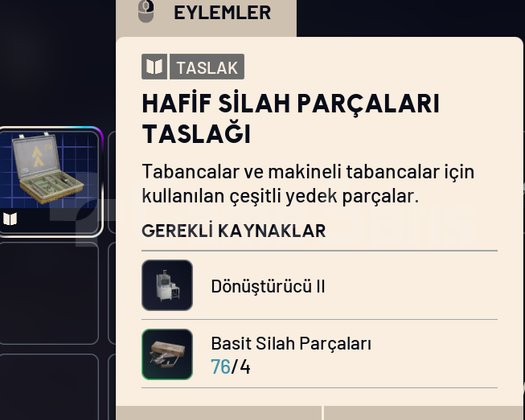 HAFİF SİLAH PARÇALARI TASLAĞI