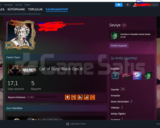 Dolu Dolu 12 Seviye Steam Hesabı | COD Black Ops 3