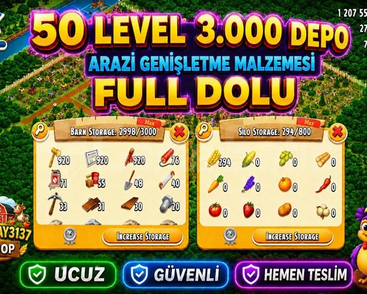 50 LEVEL 3000 DEPO FULL ARAZİ DOLU HESAP