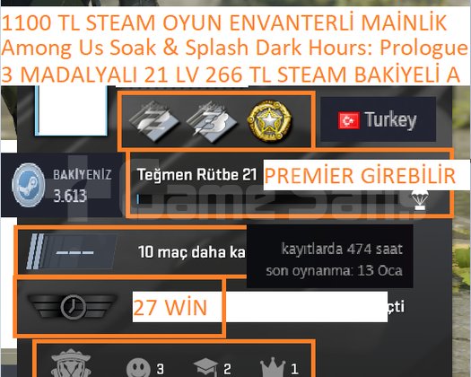 3 MADALYALI 21 LV 266 TL STEAM BAKİYELİ 1100 TL ST