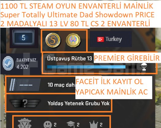 2 MADALYALI 13 LV 80 TL CS 2 ENVANTERLİ FACEİT İLK