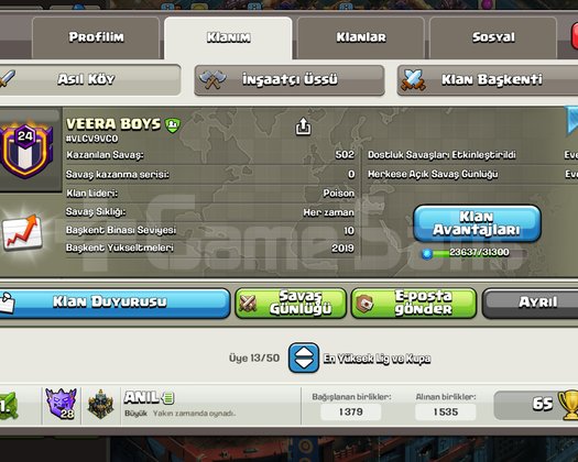 24 SEVİYE 500 WİN KRİSTAL 1 CLAN