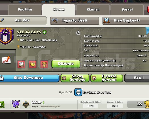 24 SEVİYE 500 WİN KRİSTAL 1 CLAN