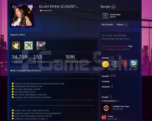 22 Seviye 250 Oyunlu Hesap