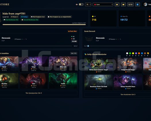 TR / 52 LVL + 20+5 SKİN + Derecesiz Zirve Altın
