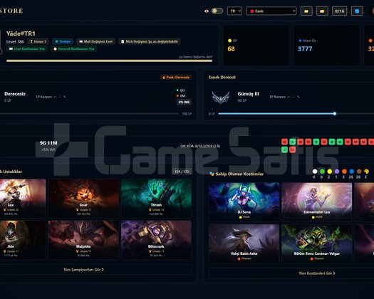 TR / 186 LVL + 91 SKİN + Derecesiz