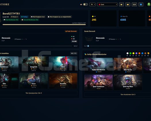 TR / 44 LVL + 5+13 SKİN + PLAT MMR !!