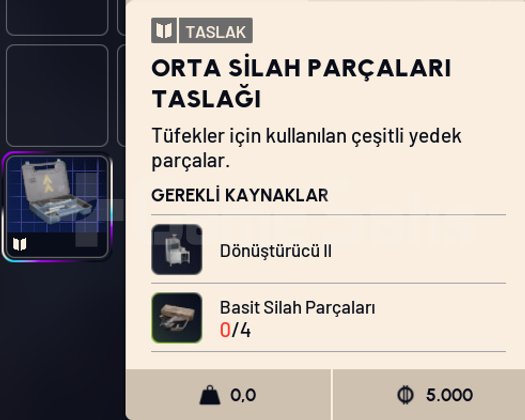 Arc Raiders Orta Silah Parçaları Taslağı BP