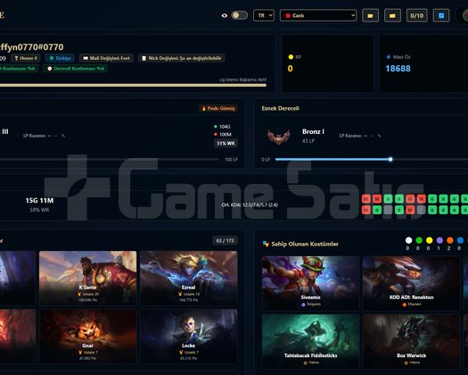 TR / 109 LVL + 13+11 SKİN + Gümüş 3 +OTO