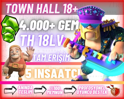 TH18 | 5 İnşaatçı | 4000+ Gem | Anında