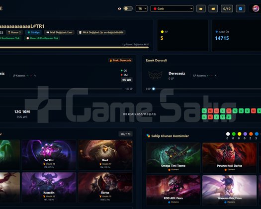 TR / 125 LVL + 27 SKİN + Derecesiz + OTO
