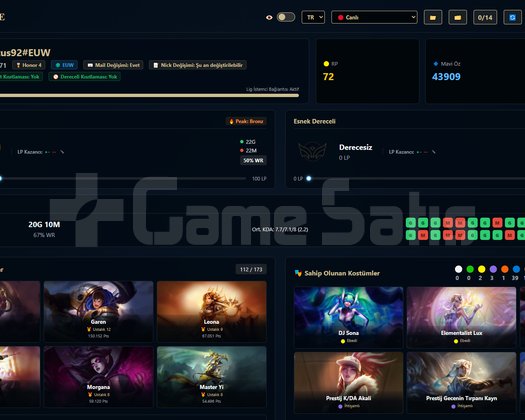 EUW/ 271 LVL + 85+120 SKİN + Bronz 1 OTO