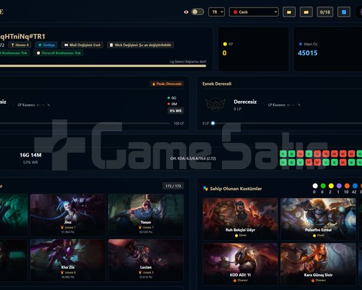 TR / 172 LVL + 142+3 SKİN + Derecesiz