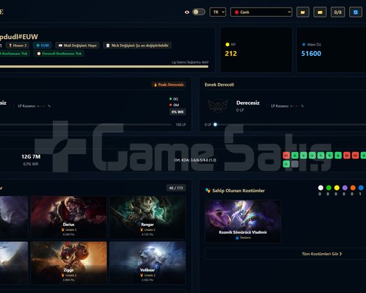EUW /41 LVL + 6 SKİN + GOLD MMR + 50K ÖZ