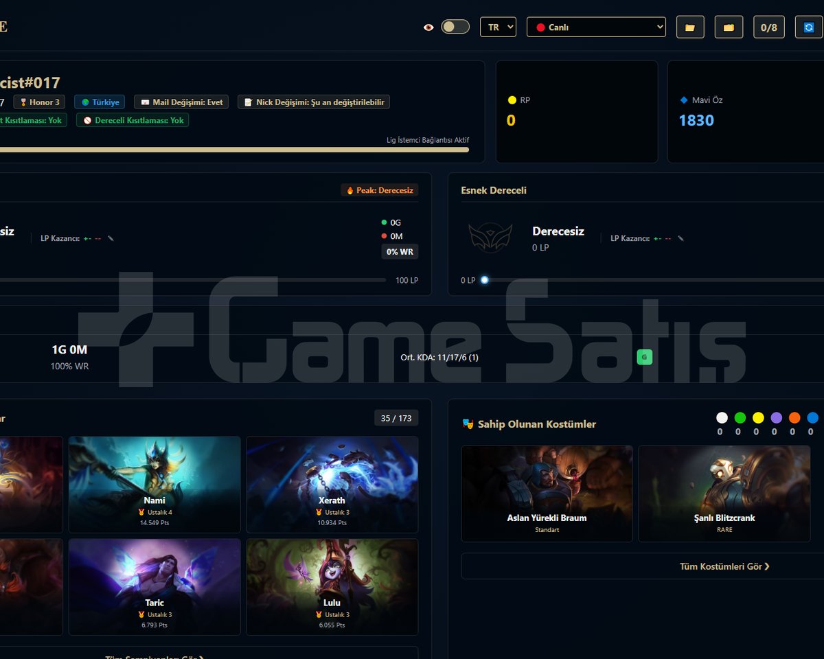 TR / 47 LVL + 2+10 SKİN +ESKİ SEZON PLAT