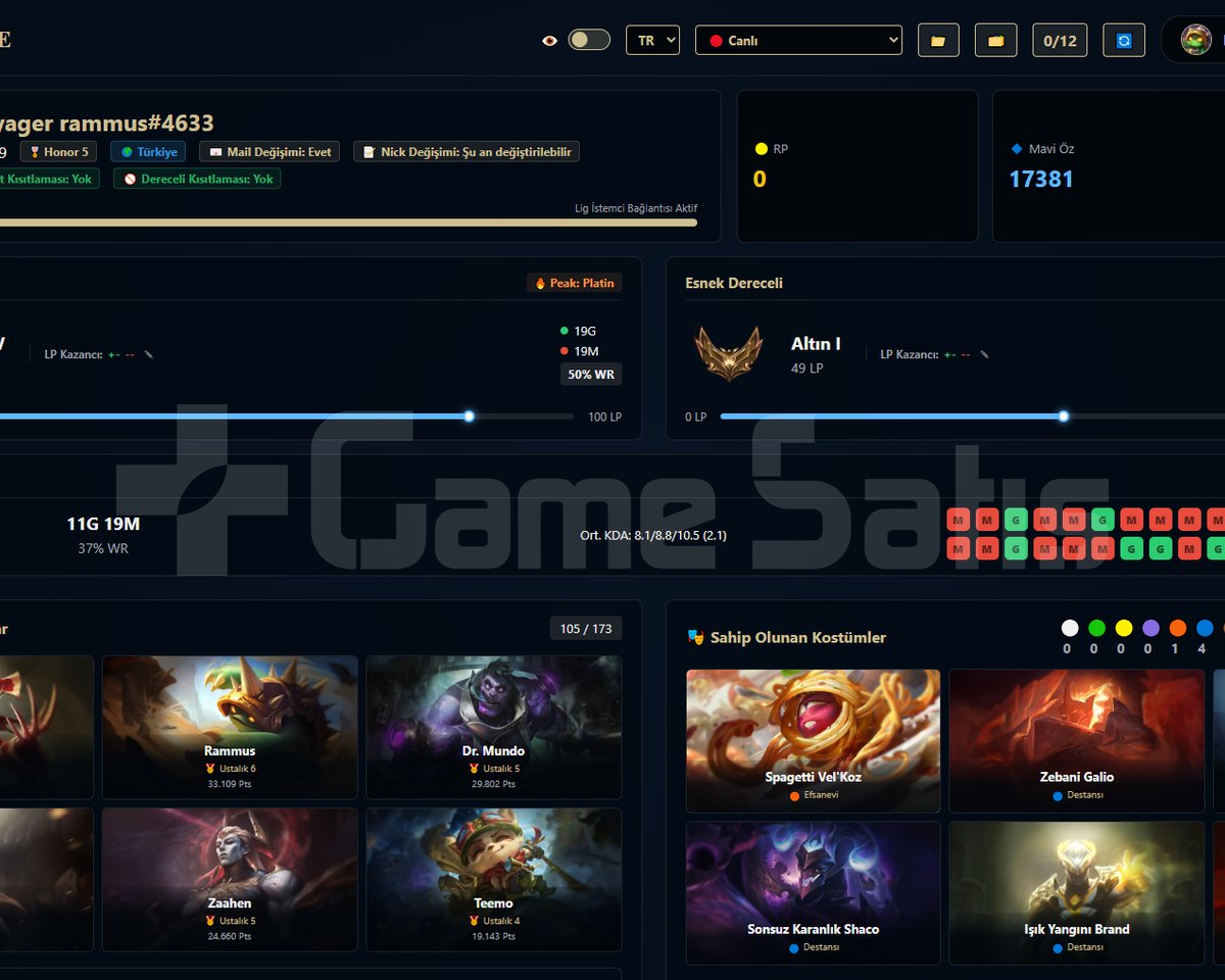 TR / 59 LVL + 21+8 SKİN + Altın 4 + OTO