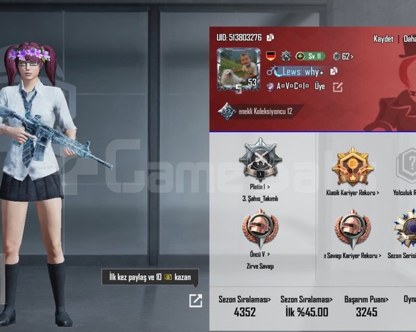Uyguna Nadir PUBG hesap saç,yüz vardir