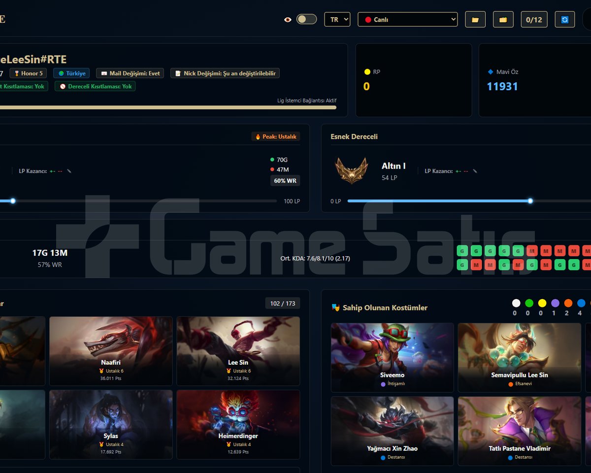 TR / 57 LVL + 18+8 SKİN + Ustalık + OTO